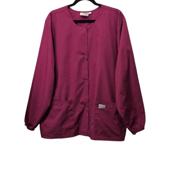 Scrub Zone 3-Pocket Snap Front Round Neck Wine Cotton Blend Uniform Jacket - Picture 1 of 7